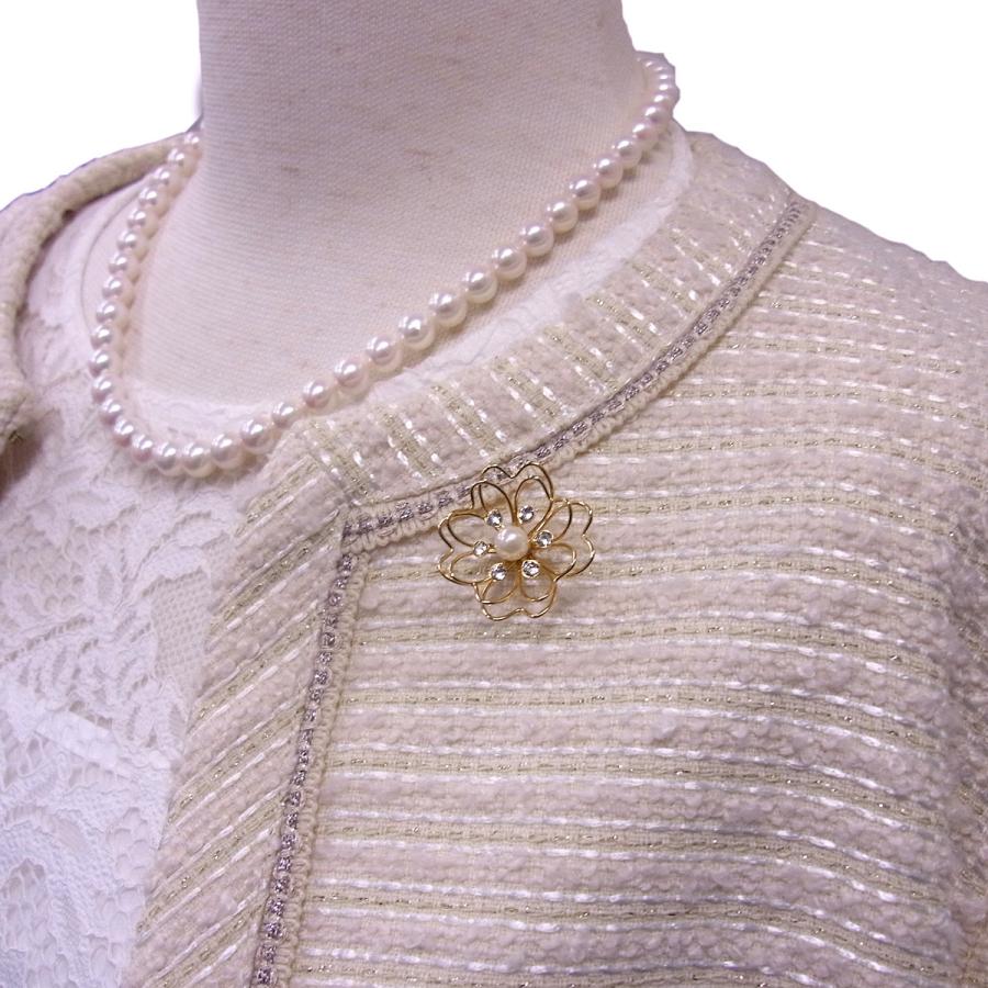 花モチーフ ゴールド パールブローチ タックブローチ 本真珠