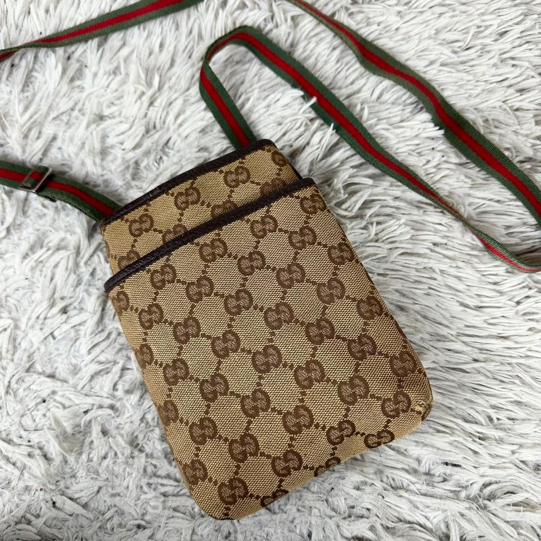 美品 グッチ キャンバス レザー ショルダーバッグ GG シェリーライン 茶 GUCCI グッチ ショルダーバッグ GGキャンバス レザー シェリーライン