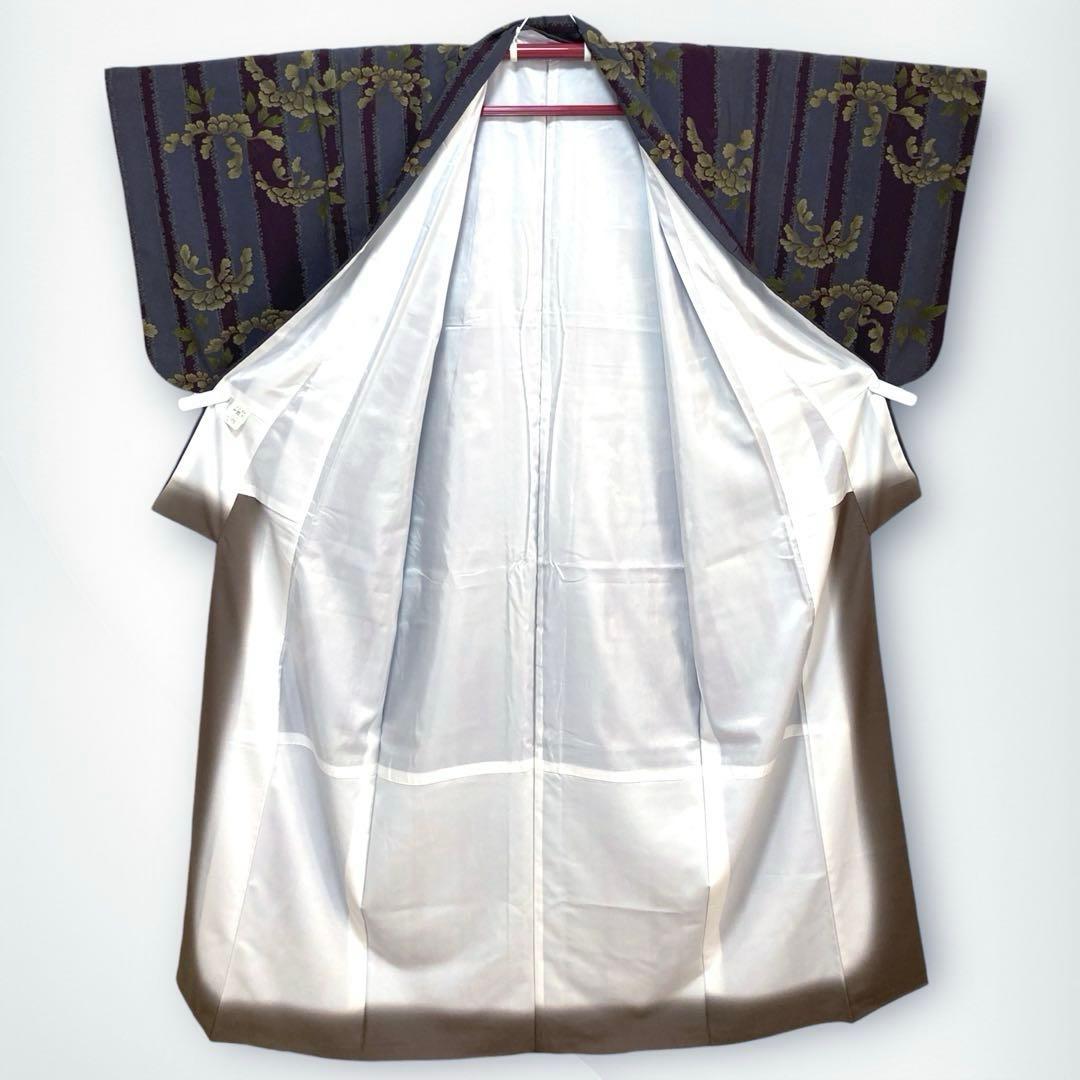 美品✨】撫松庵 洗える着物 小紋 牡丹 縦縞 灰紫 灰青紫 アンティーク調